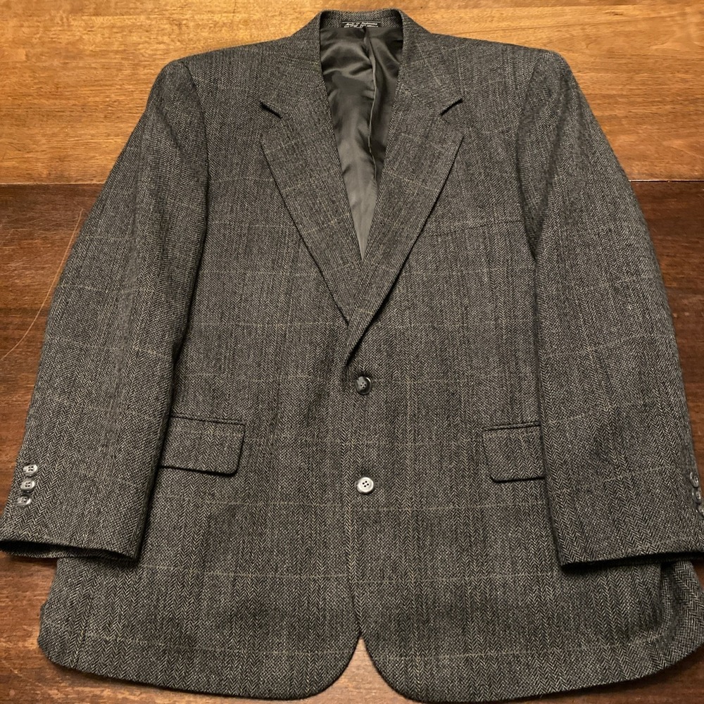 JEFFREY BANKS Blazer MENS 46R Gray Wool Alpaca Blend Herringbone Plaid 2 BUTTON